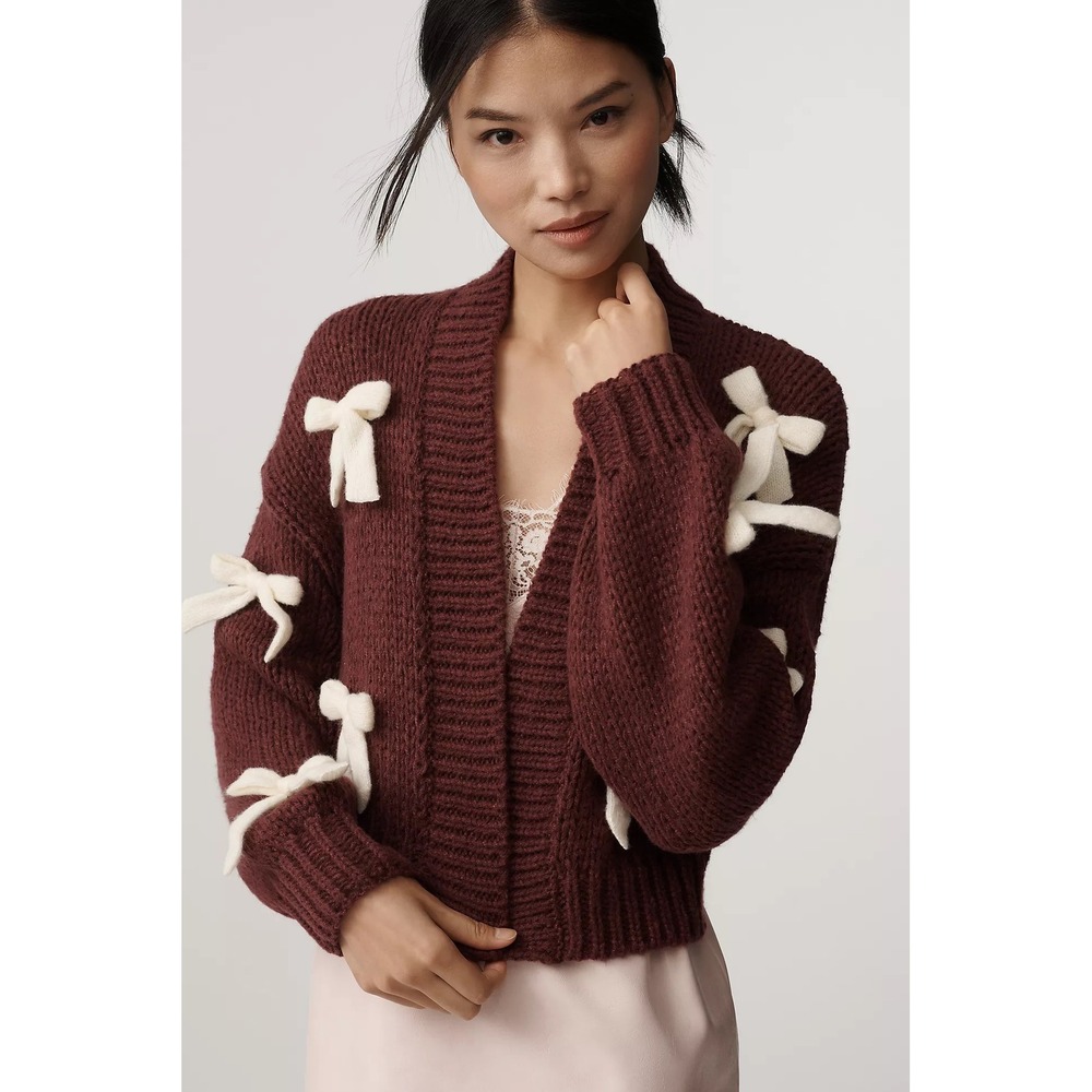 NWT!! Anthropologie MAEVE The Alicia 3D Bow Cropped Cardigan Dark Wine One Size